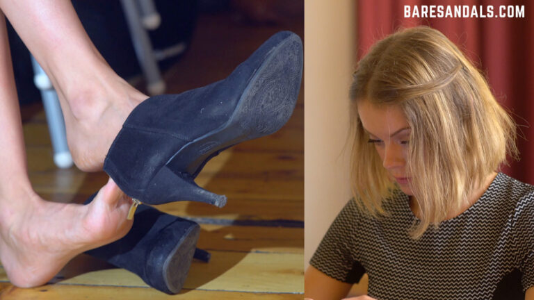 Selena takes off her high heel short boots and shows off her bare feet