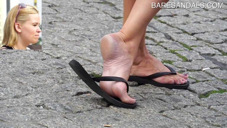 High arched blonde feet with high arches posing in black flip flops - Foot fetish video update