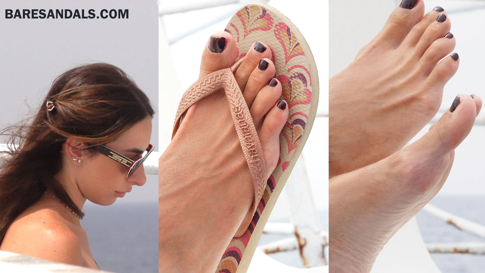 13154 – In flip-flops and barefoot on a boat, a pretty girl with beautiful long toes  – Video update