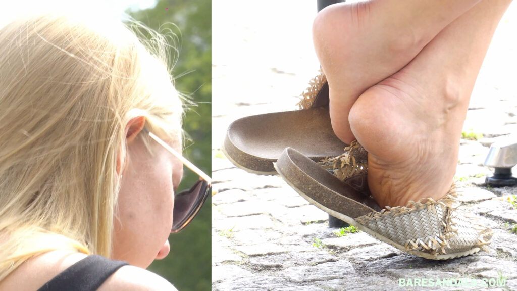 13148 – Blonde girl’s feet and soles in sandals under the table – Video update
